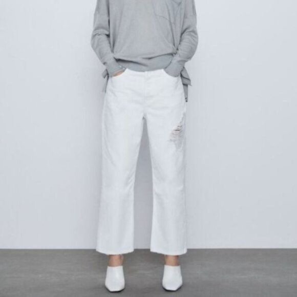 Zara Jeans Straight Leg 2  White High Rise Cropped Distressed Button Fly - Picture 1 of 9